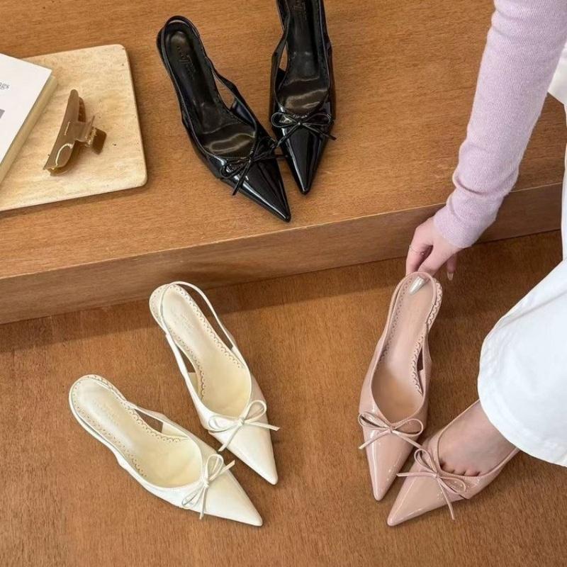 2025 Versatile Womens Sandals with Slim Heel Close Toes Elastic Band Bow Anti Slip Summer Outdoor PU Pink/beige Fashion Sandals