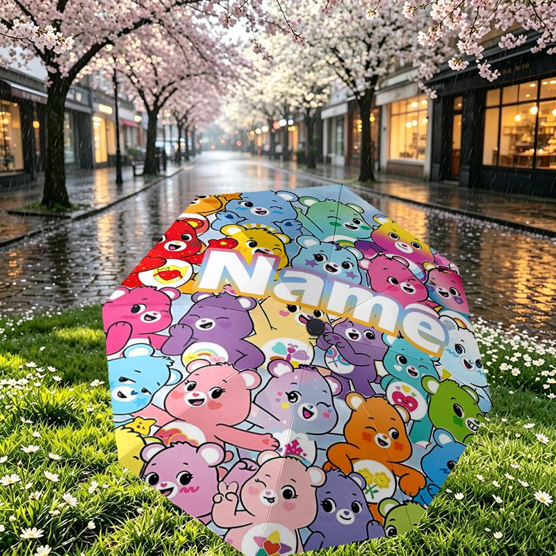 Custom Name Personalized Care Bears Print Umbrella, Auto Open Close, 8‑Rib Sturdy Frame, Commute Camping Hiking Use, Birthday Gift