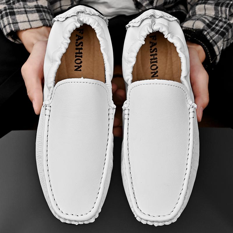 

Модные мужские кожаные туфли для пожилых людей, повседневные 2024, мягкие мужские мокасины ручной работы, дышащие, мягкие, без застежек, легкие мужские туфли-лодочки 48 белый