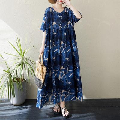 New Summer  Plus Size Beach Dress Loose Basic Vintage O Neck Short Sleeve Long Dress Big Size Women