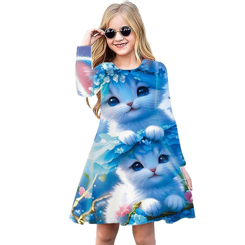 Girl Casual 3D Print Pink Cat Round Neck Long Sleeve Dress Kid Princess Dress