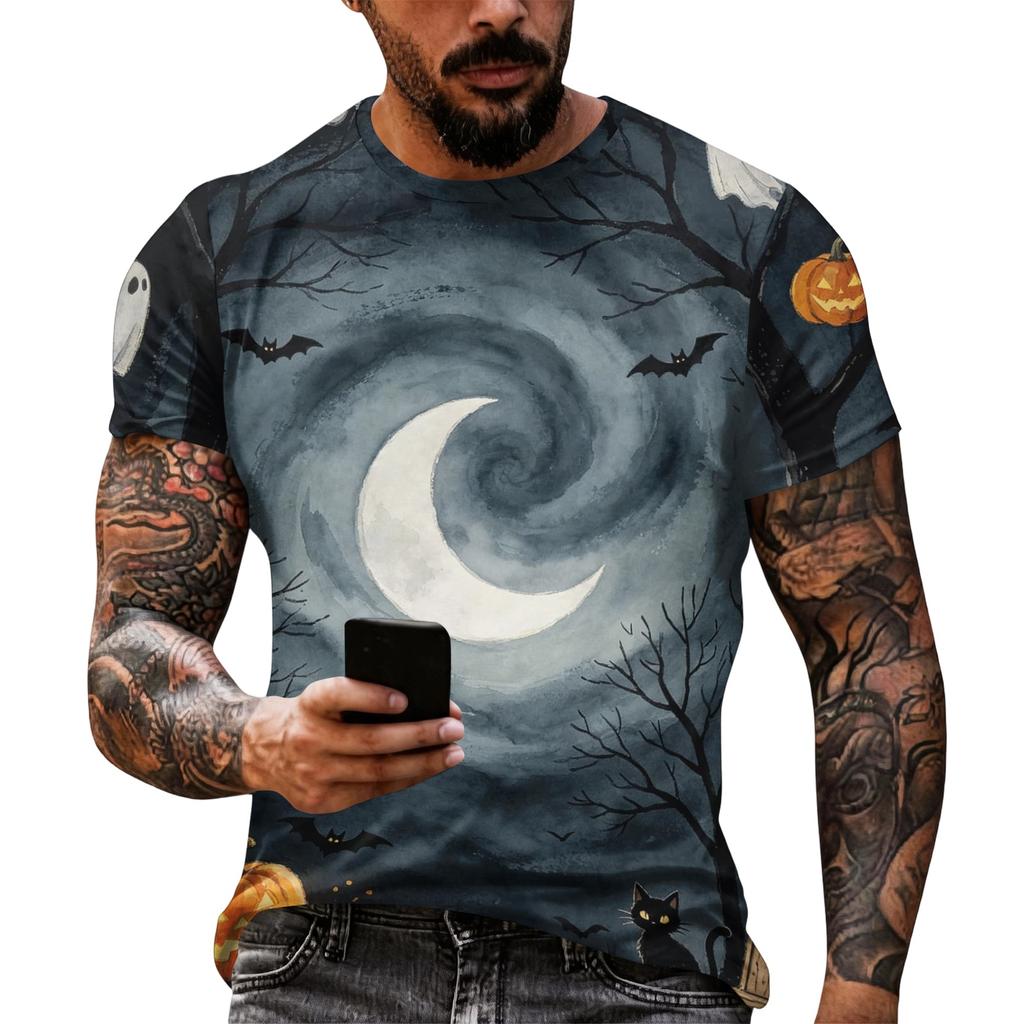 Men's Halloween Print Short Sleeve T Shirt Loose Casual Summer Daily Top Crew Neck Comfortable Fit for Outdoor Indoor Wear