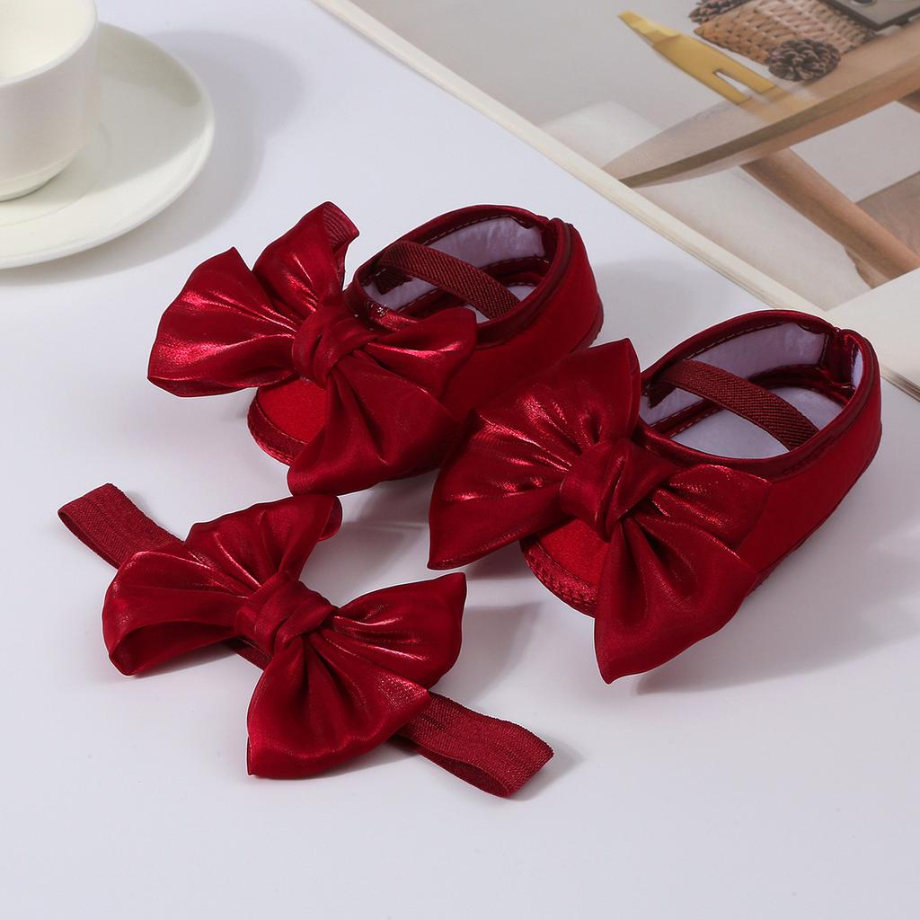 Princess Bowknot Baby Girls Baptism Shoes with Headband Cute Shiny  Flats and Hairband Soft Sole Kids First Walkers