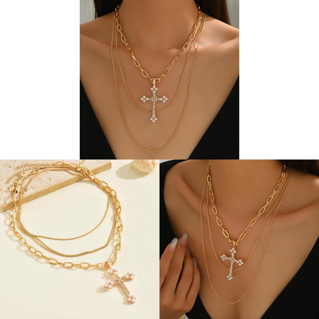 Geometric Cross Pendant Necklace For Women With Multi Layer Design And Zinc Alloy Material