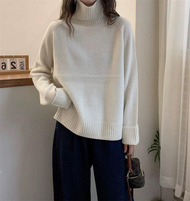 

Женский шерстяной свитер с высоким воротником - Свободный крой, Большой размер, Корейский стиль, с рукавами реглан для осени и зимы. Medium белый