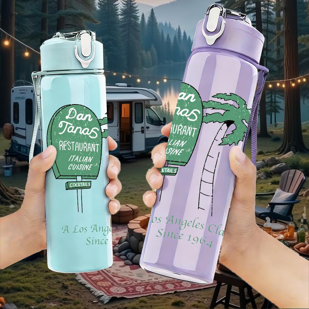 1PC Palm Tree Green Minimalist Landscape Print 750ml colorful plastic sports water bottle leakproof pop up lid with straw for outdoor work home use