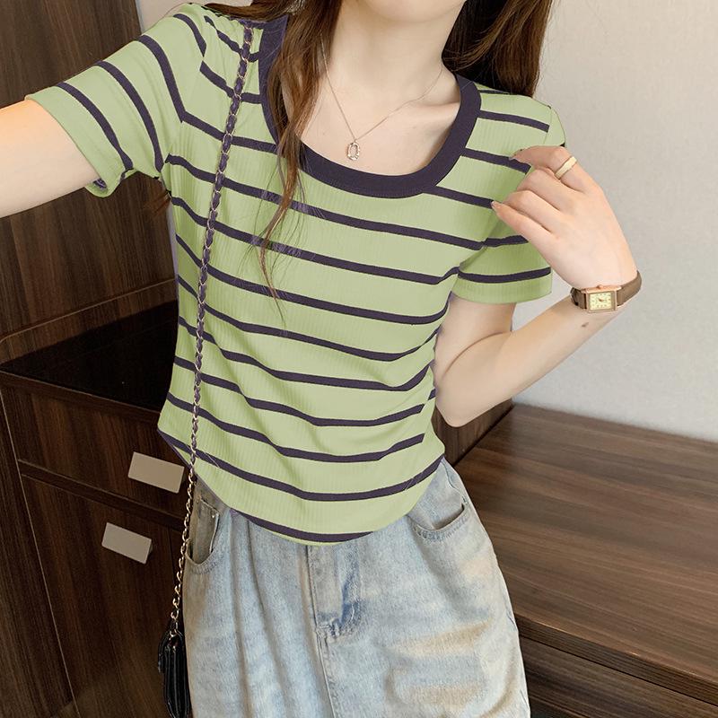 

2026 Summer Plus Size Striped Slim Short Sleeve Top XL