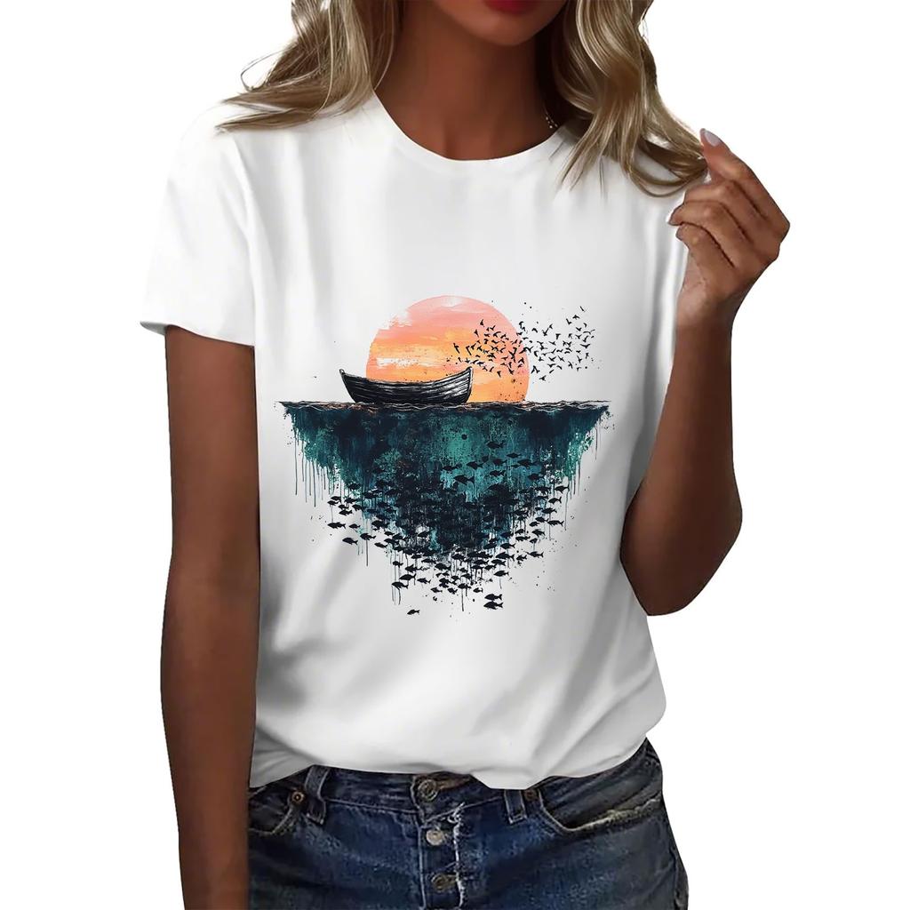 Women's Round Neck Casual Printed Short-sleeved T-shirt Top