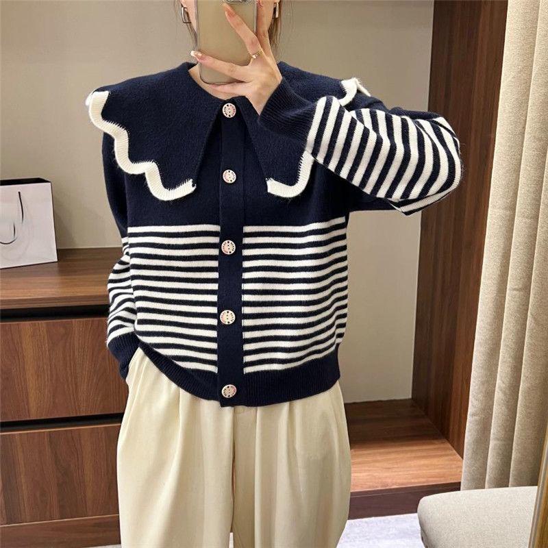 Sweet Doll Neck Striped Knitted Cardigan Five Colors for Warm and Fresh External Cute and Trendy Sweater Cardigan Female Tops