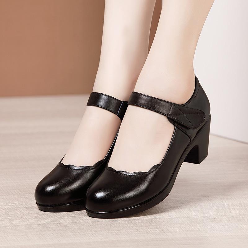 Classical Black Work Shoes Women Leather Single Shoes Women Spring Autumn Round Toe High Heels Comfortable Shoes Sde