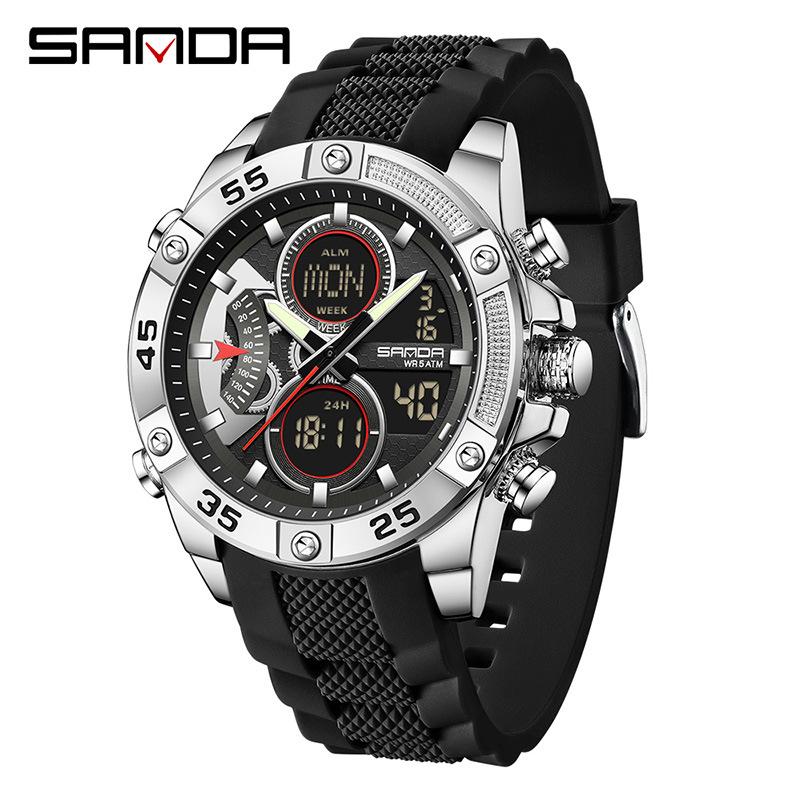 Sanda Multi-functional Waterproof Luminous Sports Watch for Students - Alarm Clock & Trendy Design серебряный/чёрный