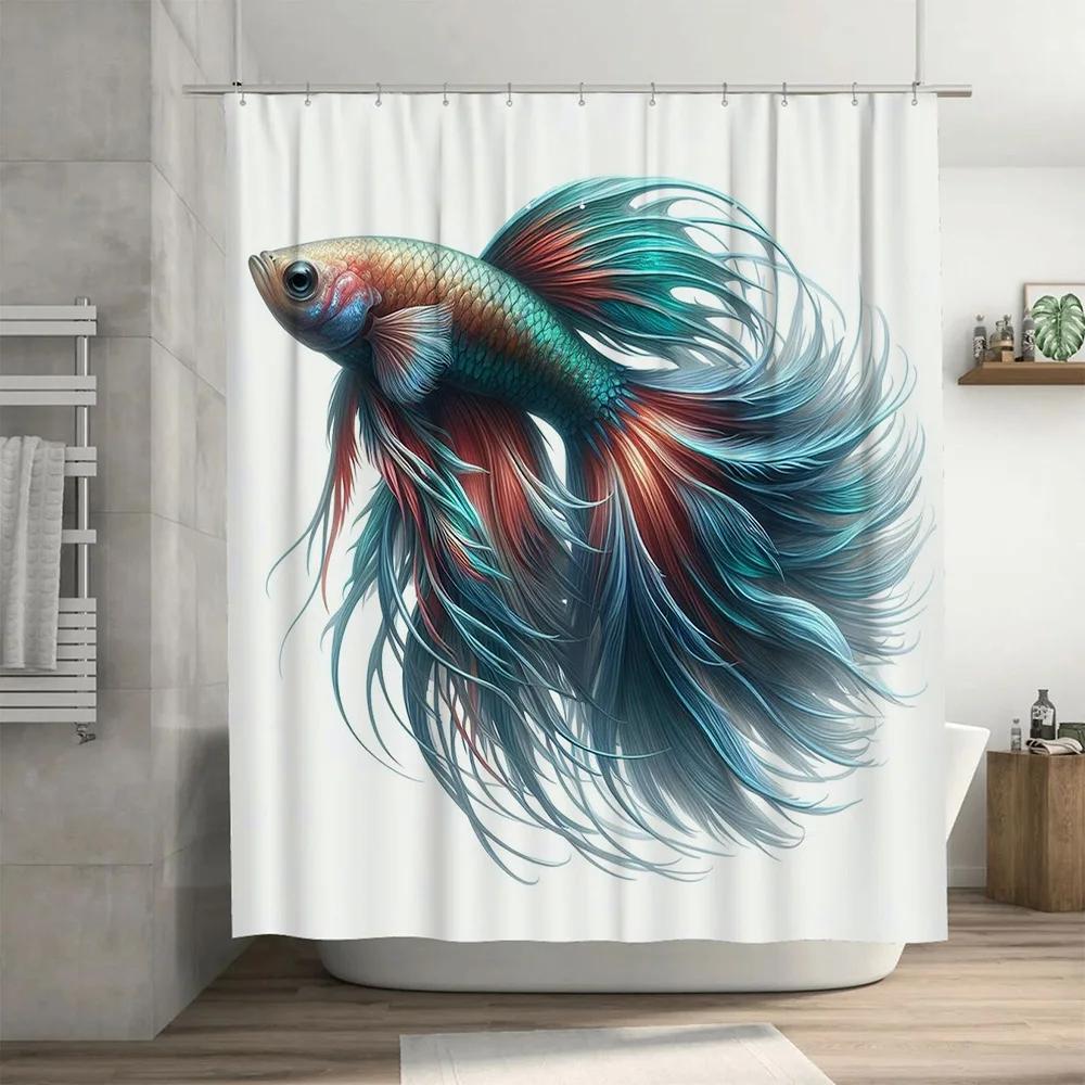High-Quality Digital Printed Bath Curtains Betta Fish Shower Curtain for Bathroom Decor In Blue/Red Color Scales Waterproof Non