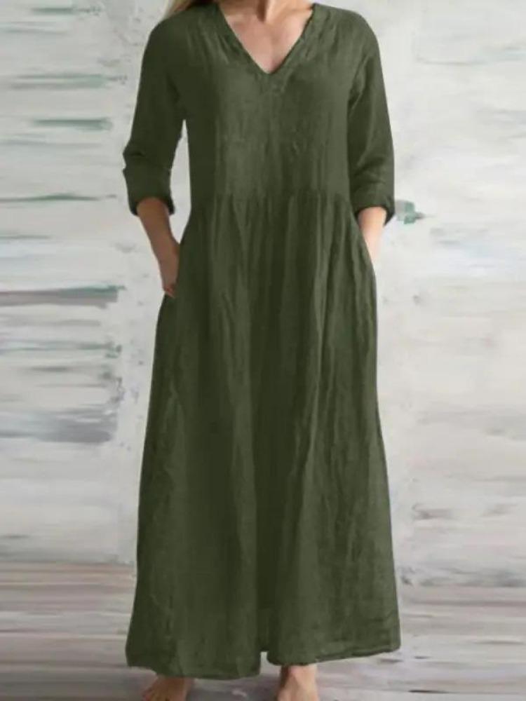 New Casual Women Loose Long Maxi Dress V Neck Half Sleeves Simple Style Cotton Linen Vestido Lady Dress for Spring Autumn
