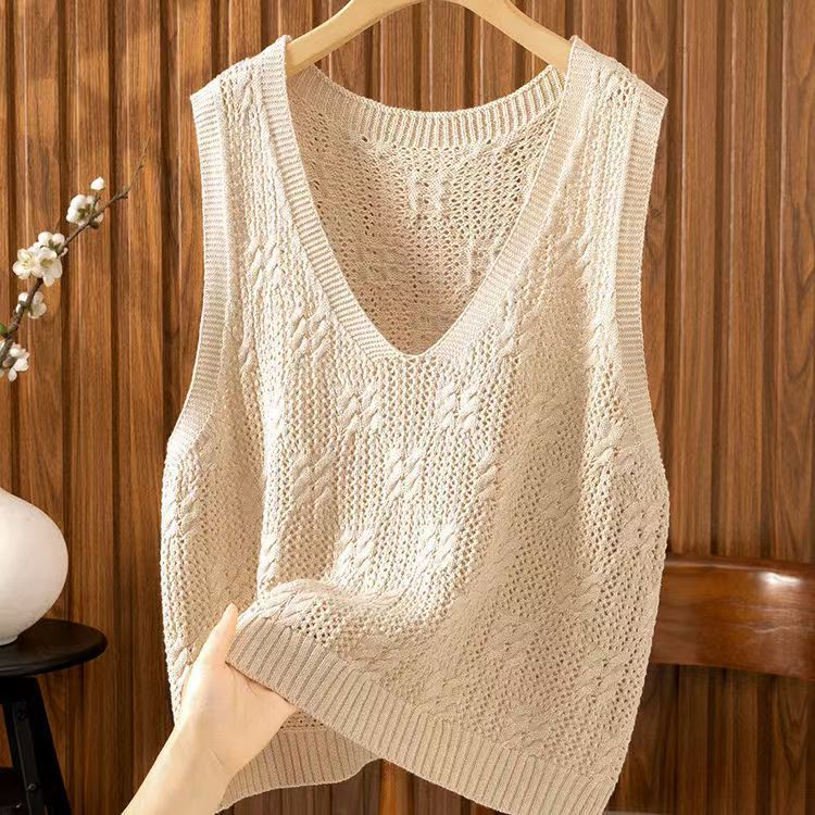 Women's Plus-Size Sleeveless Vest for Spring and Autumn Casual Style Versatile Loose Thin Hollow-Out Knitted Stylish Gilet