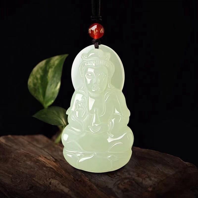 Natural Afghan White Jade Maitreya Buddha Guanyin Pendant - Laughing Buddha Couple Style Jade Stone Gift.
