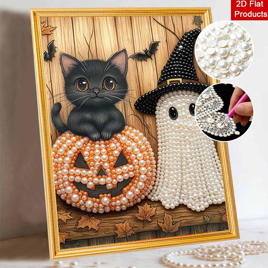 Halloween Pearl Painting Art Full Pearl Handmade Diy Home Decorations Cute Cat Pumpkin Ghost Black Hat Theme