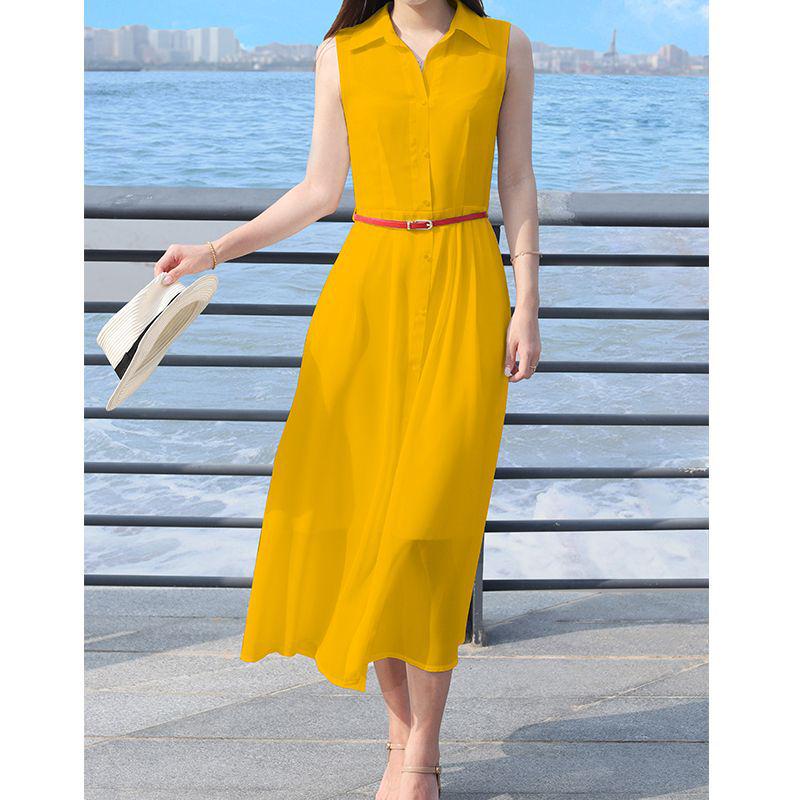 Solid Color Sleeveless Chiffon Dress with Shirt Collar - Slimming and Stylish Fairy Design for the Holidays