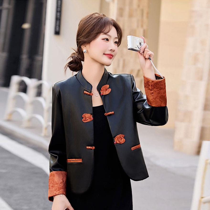 

Spring and Autumn Button Jacket Women s Fashion Color Matching Design Long Sleeve Slim Top Temperament Stand-Up Jacket M помаранчевий