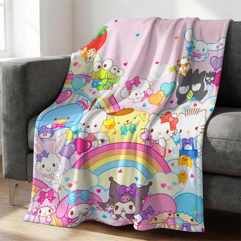 Sanrio All Star Characters Flannel Blanket Kawaii Hello Kitty Kuromi Cinnamoroll Rainbow Print Throw Bed Sofa Room Aesthetic
