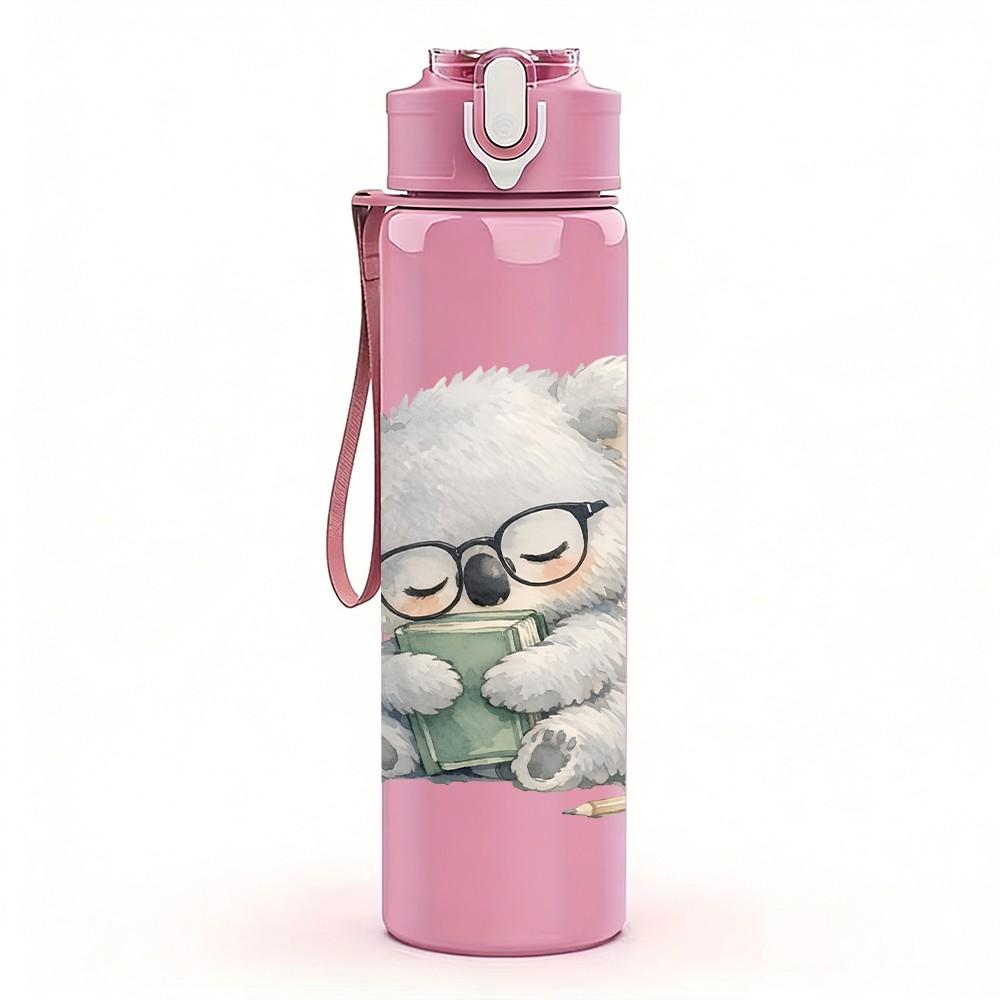 1PC Koala Holding Tea Cup Cartoon Print 750ml Color Plastic Sports Water Bottle Leakproof Flip Straw Lid Suitable for Sports Office Home Use