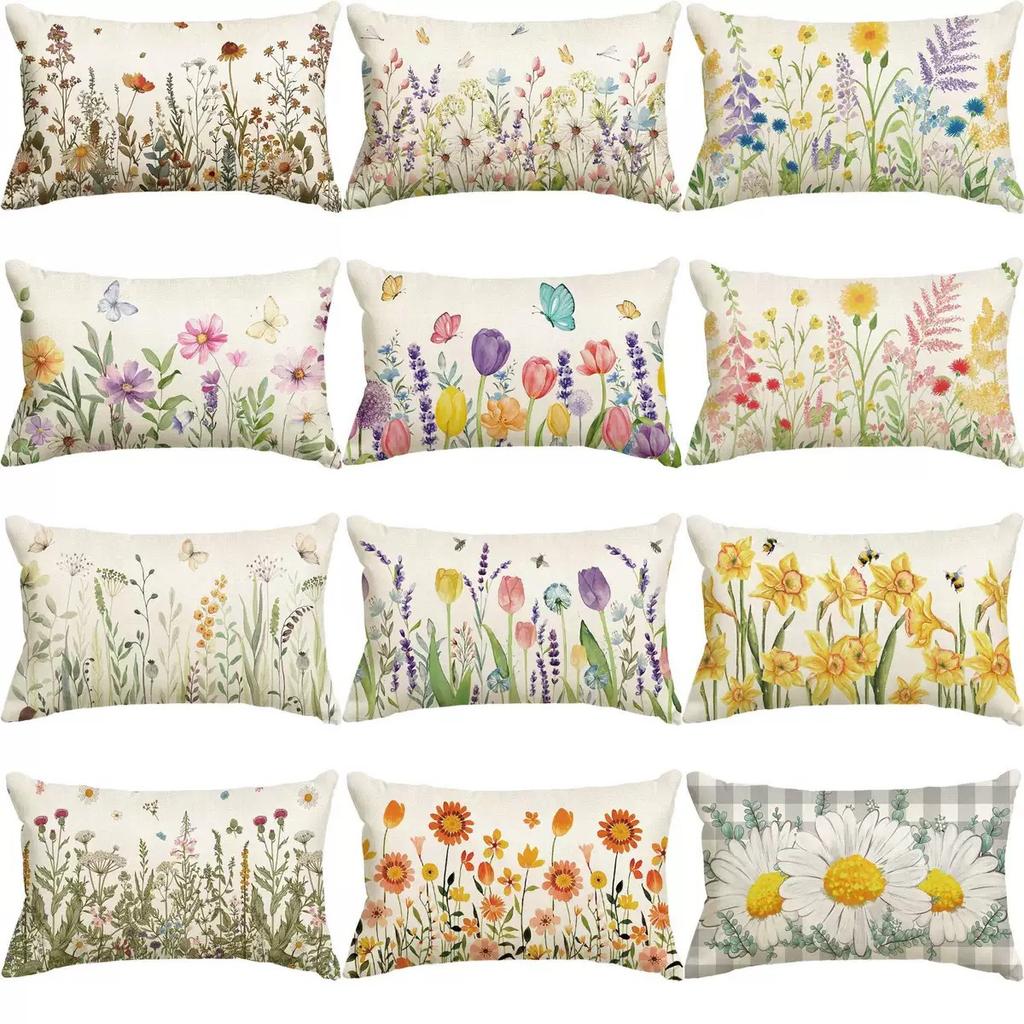 New Spring Flower Pillowcase Linen Printed Floral Sofa Cushion Cover Home Pillowcase