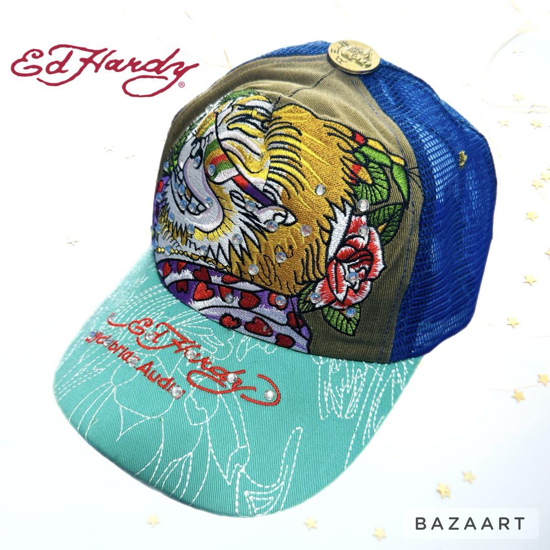 

[USED] Ed Hardy Lion Embroidered Trucker Mesh Cap in Blue