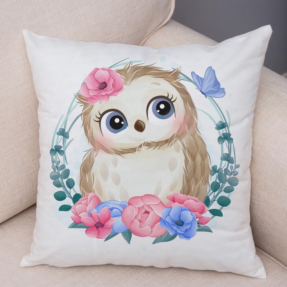 Cartoon Bird and Leaves Pillow Case Decor Cute Animal Lion Cushion Cover for Children Room Sofa Home Plush Pillowcase 45x45cm