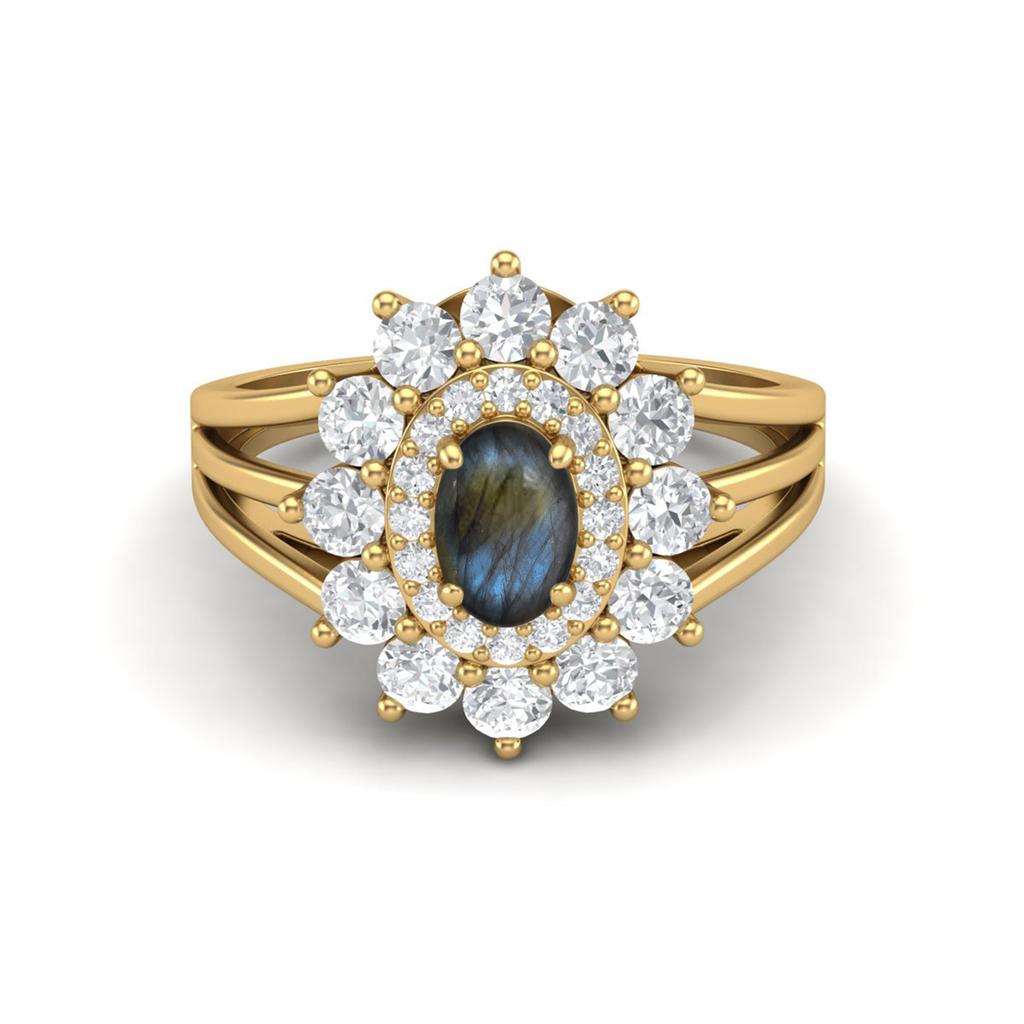 6X4MM Oval Labradorite Gemstone 925 Sterling Silver Gold Plated Halo Split Shank Ring