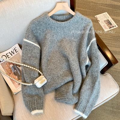 Design Gray Crew Neck Sweater Women's Soft Waxy Autumn New Niche Retro Casual Loose Temperament Top