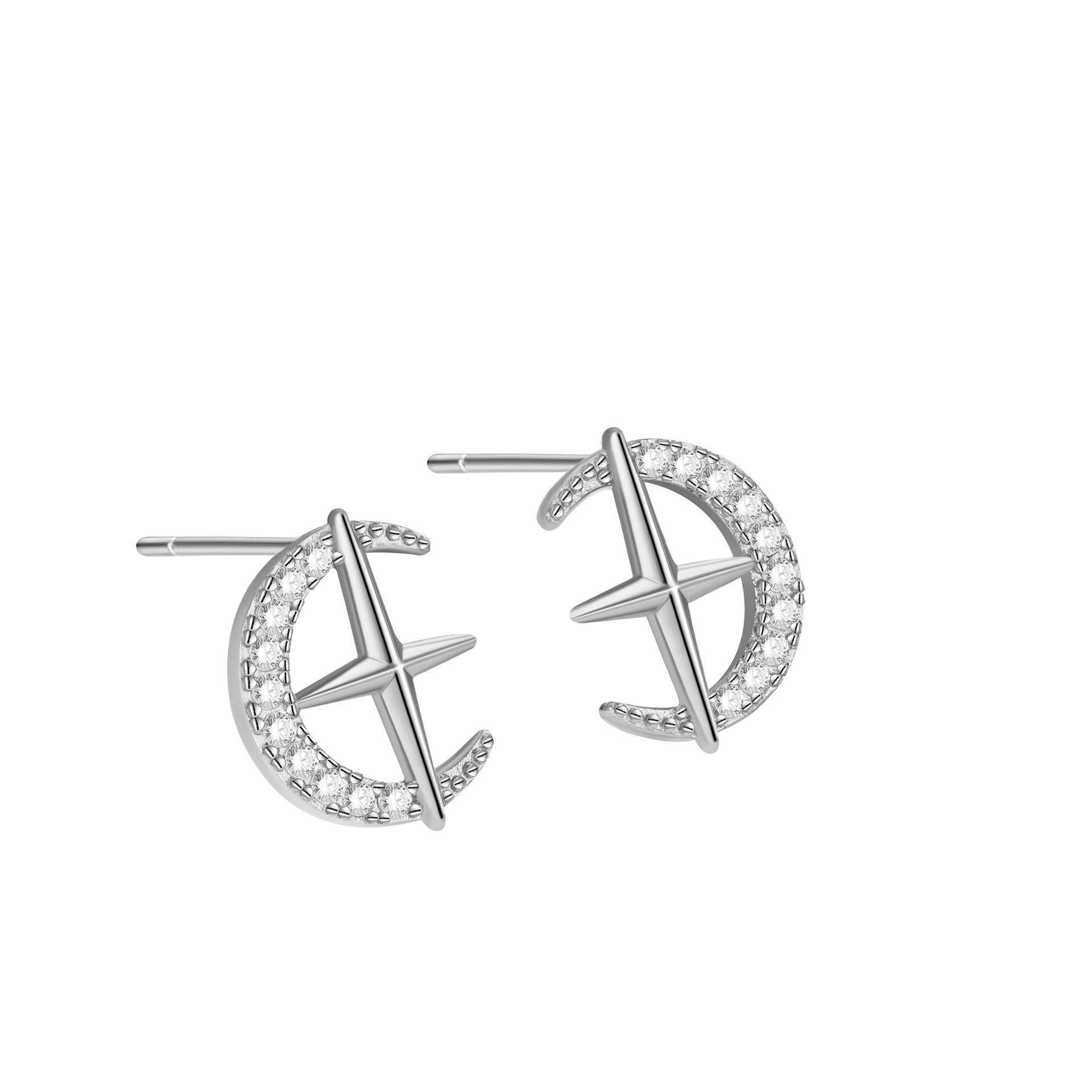 

925 Sterling Silver Inlaid Zircon Star Moon Earrings for Women Small Exquisite Silver Jewelry серебряный