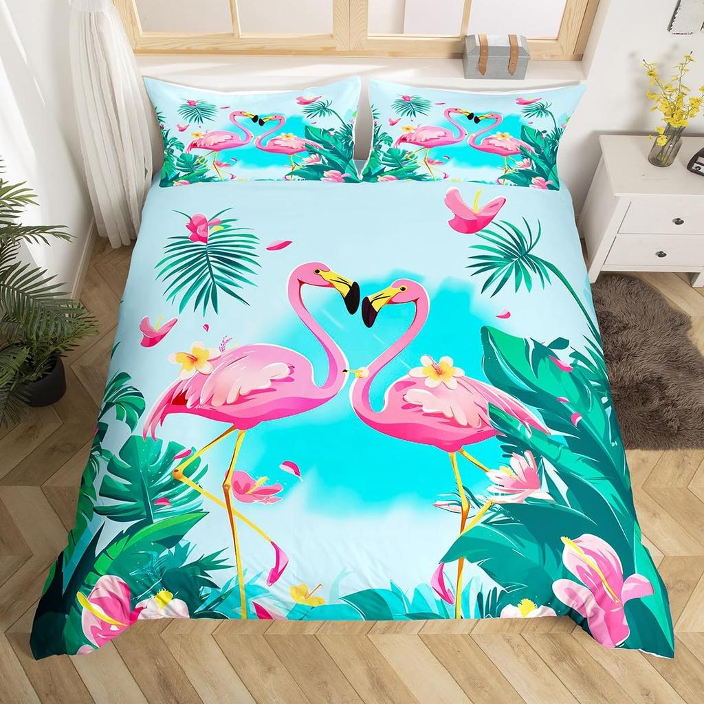 Comforter Queen Size Pink Flamingo Boys Girls Palm Leaves Bedding Set For Couples Bird Print Comforter Set