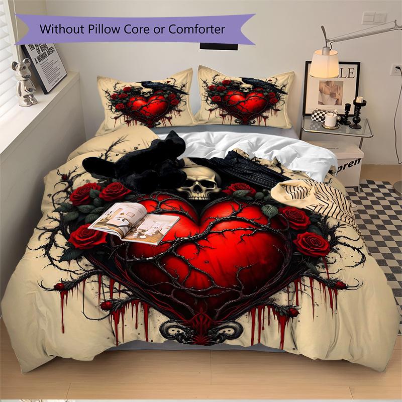 3pcs Gothic Heart with Ravens Skulls and Red Roses Printed Bedding Set, Soft and Comfortable Quilt Cover for Bedroom, Guest Room
