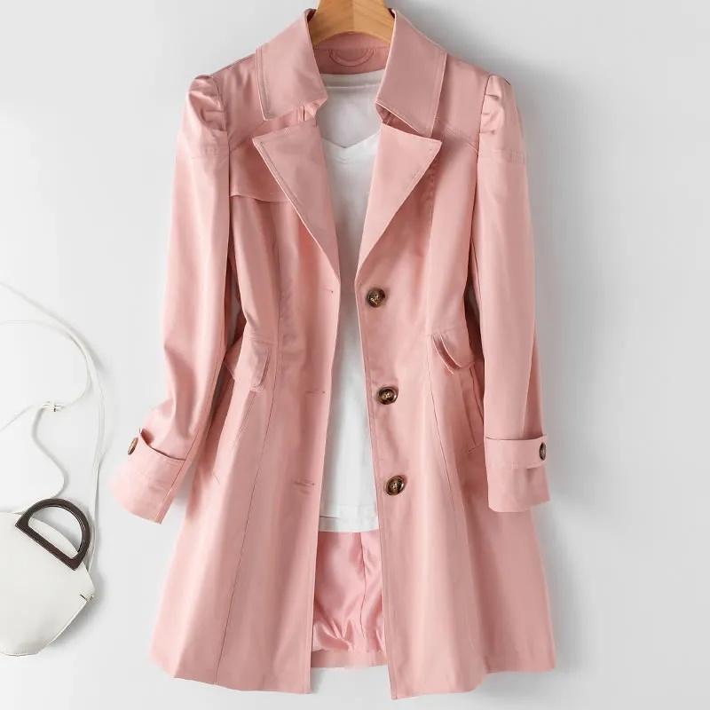 Fashion Spring Autumn Solid Trench Coat Women Single Breasted Khaki Black Pink Beige Windbreaker Outerwear Casual