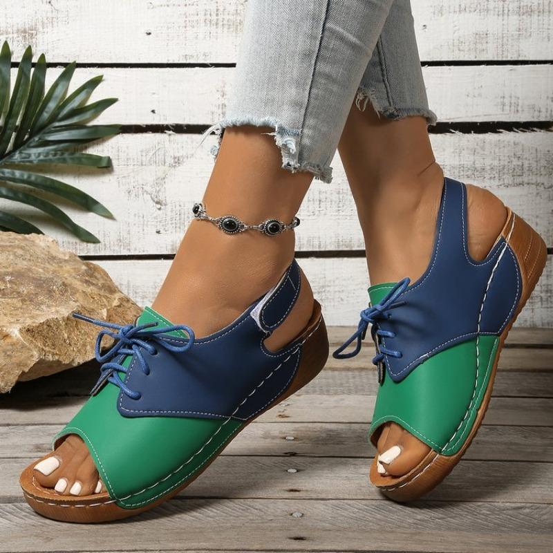 Large Size Wedge Heel Sandals Women's Summer New Front Lace-up Color Matching Fashion Sandals Women