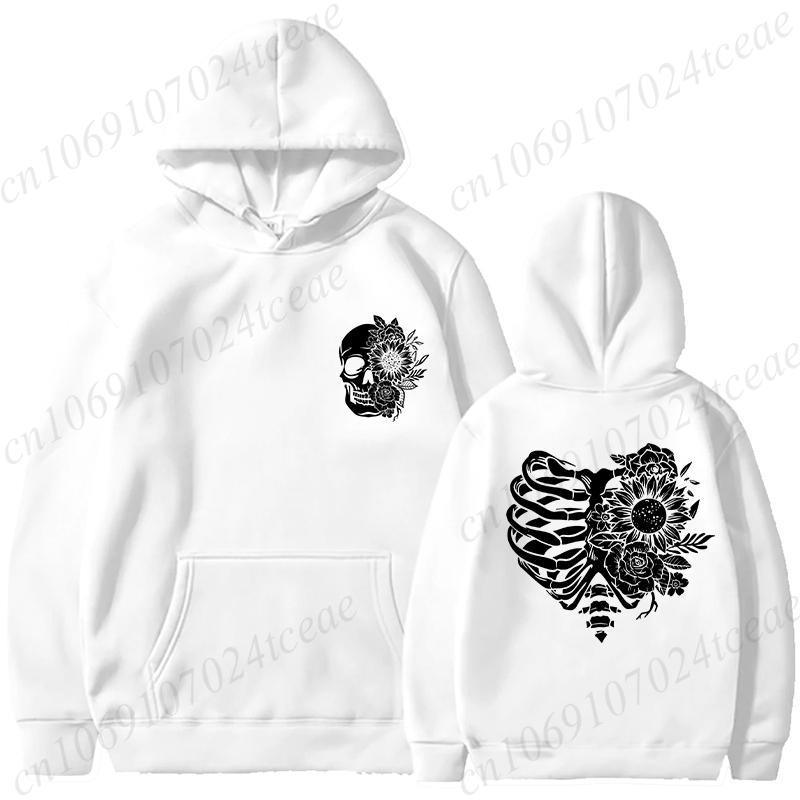 Fashionable Floral Rib Cage Print Daily Women Hoodies Loose Classic Style Long Sleeve Streetwear Skeleton Black Sweatshirts Tops