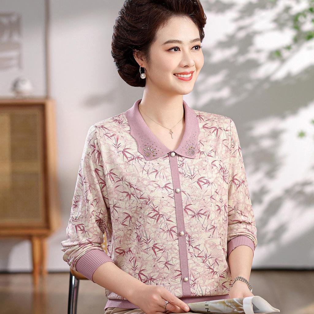Elegant Spring Long-Sleeve Lapel T-Shirt for Stylish Middle-Aged Women