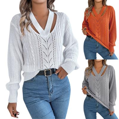 Women's Fashion Casual Loose V Neck Hollow Solid Color Long Sleeve Sweater Pullover Top