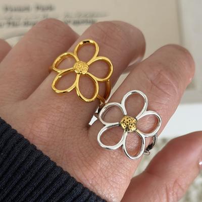 BF CLUB 925 Sterling Rings for Women Simple Geometric Handmade Irregular Retro Gold Hollow Flower Ring Allergy For Birthday Gift