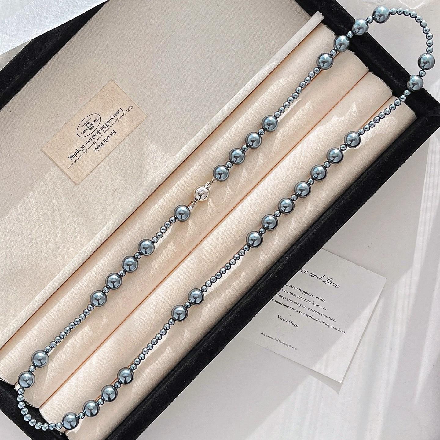 High Quality Blue Gray Shijia Pearl Maillard Wind Necklace Collarbone Chain Neck Chain Sweater Chain Women
