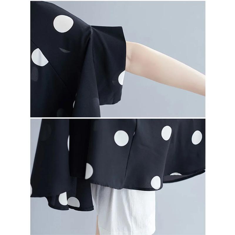 Black Vintage Polka Dot Print Blouse Women Lapel Short Sleeve Loose Casual Shirt Fashion Summer Clothes