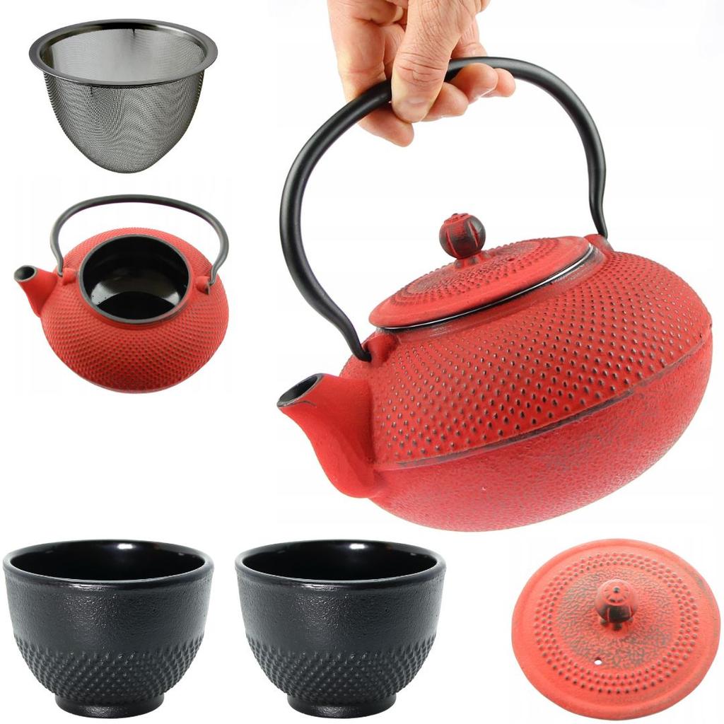 KETTLE 1.5 L CAST IRON TEAPOT STRAINER TEA INFuser SET + 2x CUPS