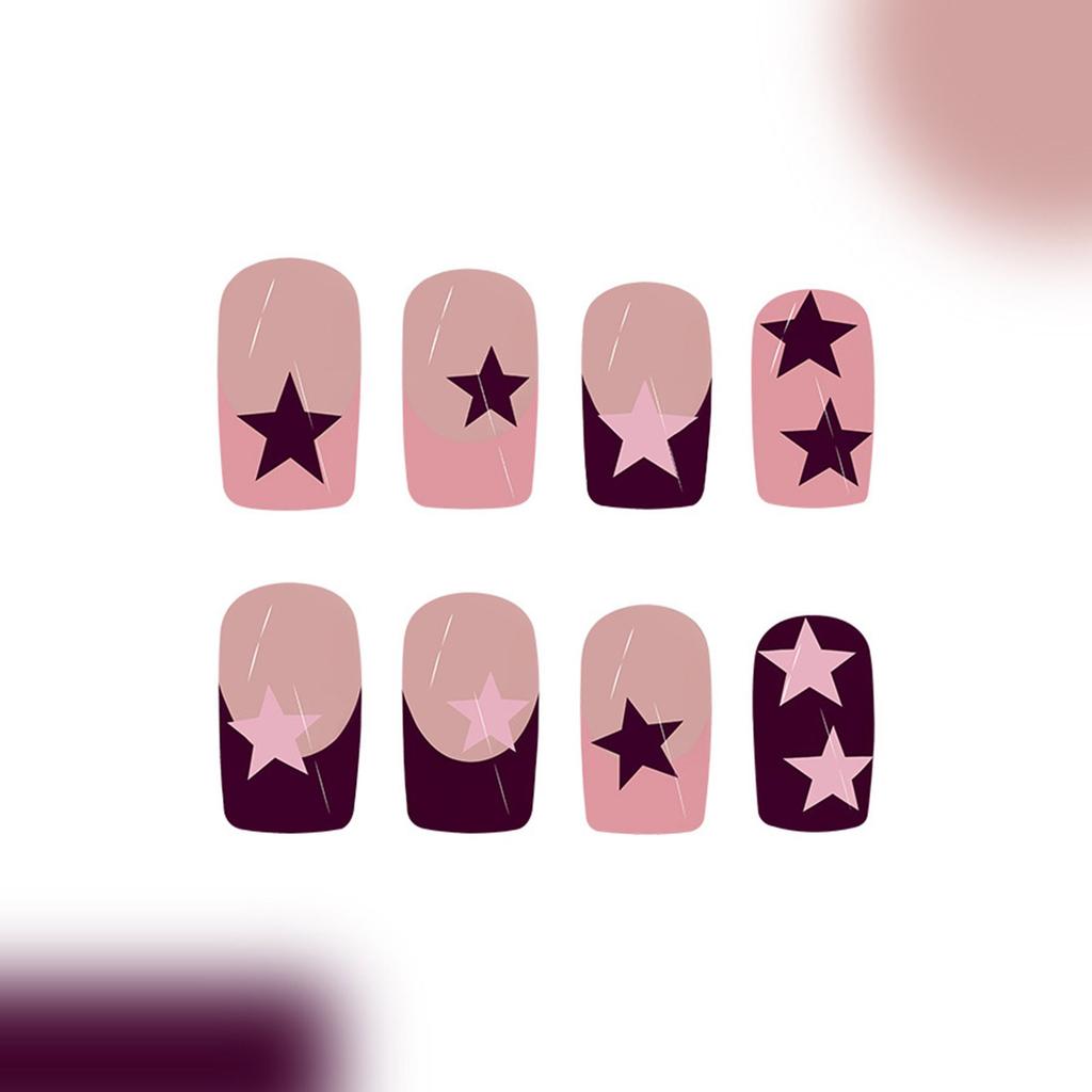 Unghie Finte a Pressione a Forma di Bara French Tip Unghie Finte Colla su Unghia Design a Stella Unghie Finte Unghie Artificiali