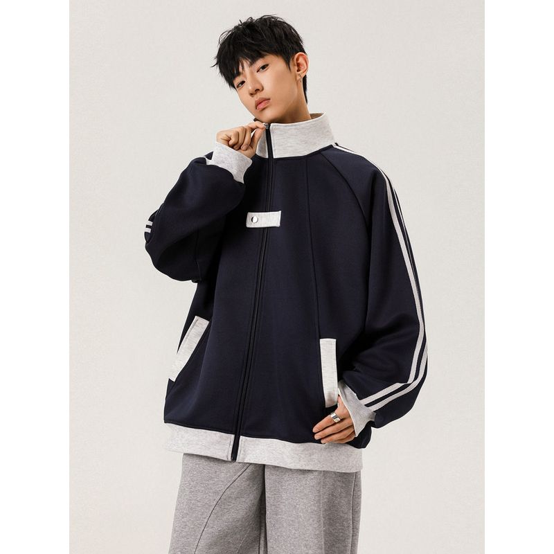 Wassup American Retro Three-Stripe Sports Jacket for Men, Autumn and Winter Loose Casual Trendy Versatile Stand-Up Collar Jacket for Women