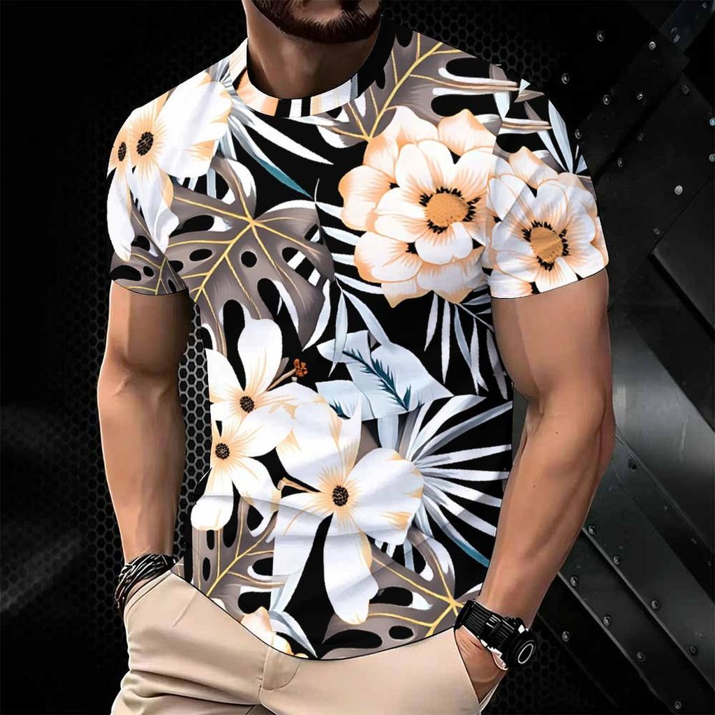 Women Short Sleeve Crew Neck T Shirt Black White Tropical Palm Leaf All Over Print Top