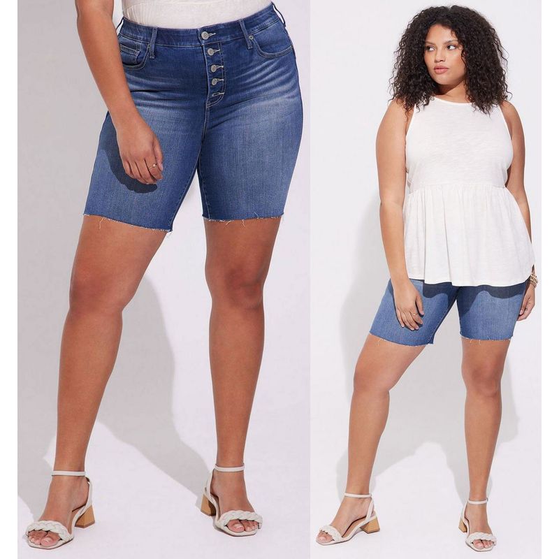 

100.00кг Стройнящие Шорты из Эластичного Денима с Высокой Посадкой для Полных Женщин Летние Хот-Пантс Синего Цвета на Пяти Пуговицах Blue 30