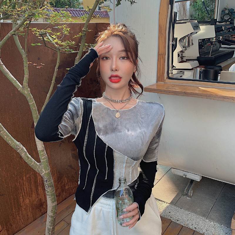 

Футболки с длинным рукавом, женские новые тонкие нерегулярные лоскутные футболки с круглым вырезом, уличная одежда, шикарные модные футболки женские One Size