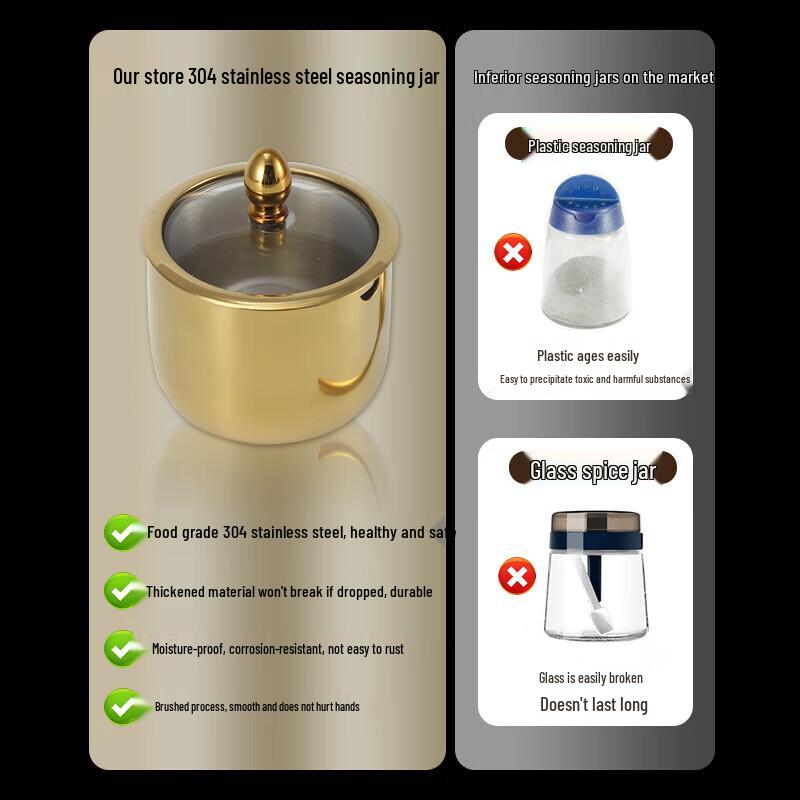 304 Stainless Steel Seasoning Jar Set with Glass Lids