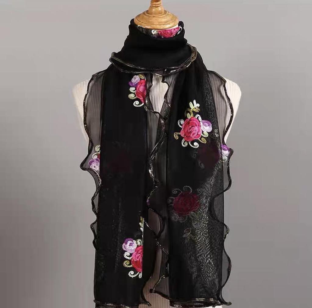 Gold Rose Embroidered Silk & Gauze Shawl for All Seasons - Women's Lace-Trimmed, Double-Layer Versatile Scarf