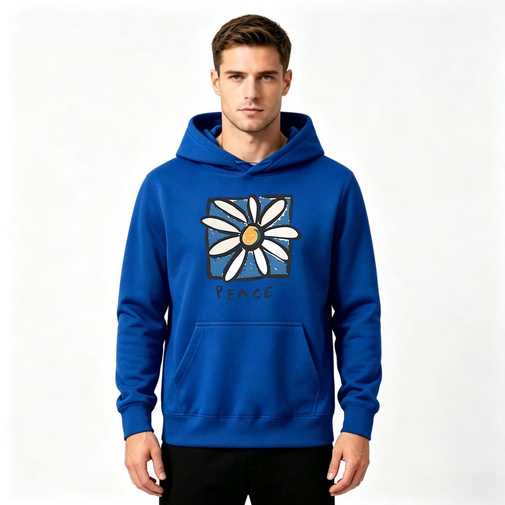 Men's Pullover Hoodie, Peace Daisy Flower Print Casual Long Sleeve Sweatshirt for Daily Wear