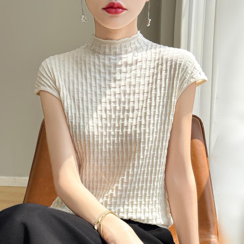 Women T-shirt Tank Summer Knitted T-shirt Short Sleeve Tees Basic Tees Knit Top Pullover Turtleneck Female